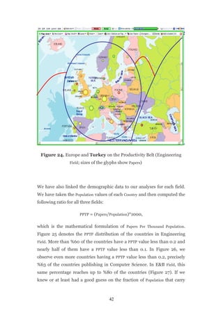 Figure 24. Europe and Turkey on the Productivity Belt (Engineering
                  Field; sizes of the glyphs show Papers)




We have also linked the demographic data to our analyses for each field.
We have taken the Population values of each Country and then computed the
following ratio for all three fields:

                       PPTP = (Papers/Population)*1000,


which is the mathematical formulation of Papers Per Thousand Population.
Figure 25 denotes the PPTP distribution of the countries in Engineering
Field. More than %60 of the countries have a PPTP value less than 0.2 and

nearly half of them have a PPTP value less than 0.1. In Figure 26, we
observe even more countries having a PPTP value less than 0.2, precisely
%63 of the countries publishing in Computer Science. In E&B Field, this
same percentage reaches up to %80 of the countries (Figure 27). If we
knew or at least had a good guess on the fraction of Population that carry



                                        42
 