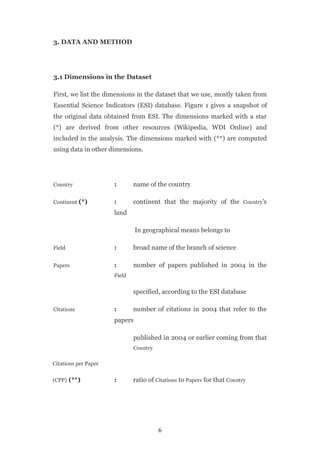 3. DATA AND METHOD




3.1 Dimensions in the Dataset

First, we list the dimensions in the dataset that we use, mostly taken from
Essential Science Indicators (ESI) database. Figure 1 gives a snapshot of
the original data obtained from ESI. The dimensions marked with a star
(*) are derived from other resources (Wikipedia, WDI Online) and
included in the analysis. The dimensions marked with (**) are computed
using data in other dimensions.




Country               :       name of the country

Continent (*)         :       continent that the majority of the Country’s
                      land

                               In geographical means belongs to

Field                 :       broad name of the branch of science

Papers                :       number of papers published in 2004 in the
                      Field


                              specified, according to the ESI database

Citations             :       number of citations in 2004 that refer to the
                      papers

                              published in 2004 or earlier coming from that
                              Country

Citations per Paper


(CPP) (**)            :       ratio of Citations to Papers for that Country




                                        6
 