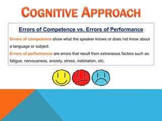 Errors of Competence vs. Errors of Performance
Errors of competence show what the speaker knows or does not know about
a language or subject.
Errors of performance are errors that result from extraneous factors such as:
fatigue, nervousness, anxiety, stress, inebriation, etc.
 