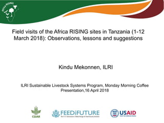 Field visits of the Africa RISING sites in Tanzania (1-12
March 2018): Observations, lessons and suggestions
Kindu Mekonnen, ILRI
ILRI Sustainable Livestock Systems Program, Monday Morning Coffee
Presentation,16 April 2018
 