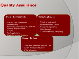 Quality Assurance
Oracle e-Business Suite
 Business Case Development
 Implementation
 Technical Customization (EDI, Handheld
Solutions, Reports, Forms)
 IT Audits
 Patch Applications
 Oracle On Demand Readiness
Consulting Services
 IT Audit & Health check
 Systems Analysis & Design
 Process Re-engineering
 CIO on Demand
 IT Financial Planning & Reporting
Support Services
 Oracle Apps & Bespoke Support (OD+)
 Custom Development Support
 3rd Party Solutions
 