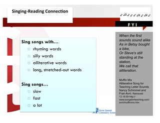 Singing-­‐Reading	
  Connec=on	
  

                                              FYI

                                       When the first
                                       sounds sound alike
     Sing songs with…                  As in Betsy bought
          rhyming words               a bike,
                                       Or Steve's still
          silly words                 standing at the
          alliterative words          station,
                                       We call that
          long, stretched-out words   alliteration.

                                       Muffin Mix
     Sing songs…                       Alliterative Song for
                                       Teaching Letter Sounds
          slow                        Nancy Schimmel and
                                       Fran Avni. Retrieved
                                       12.19.09 http://
          fast                        www.songsforteaching.com/
                                       avni/muffinmix.htm
          a lot
 