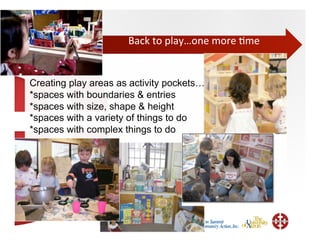 Back	
  to	
  play…one	
  more	
  ;me	
  


Creating play areas as activity pockets…
*spaces with boundaries & entries
*spaces with size, shape & height
*spaces with a variety of things to do
*spaces with complex things to do
 