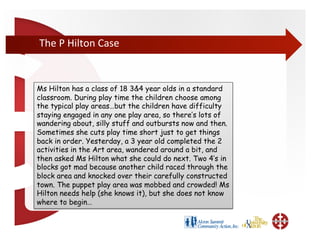 The	
  P	
  Hilton	
  Case	
  


Ms Hilton has a class of 18 3&4 year olds in a standard
classroom. During play time the children choose among
the typical play areas…but the children have difficulty
staying engaged in any one play area, so there’s lots of
wandering about, silly stuff and outbursts now and then.
Sometimes she cuts play time short just to get things
back in order. Yesterday, a 3 year old completed the 2
activities in the Art area, wandered around a bit, and
then asked Ms Hilton what she could do next. Two 4’s in
blocks got mad because another child raced through the
block area and knocked over their carefully constructed
town. The puppet play area was mobbed and crowded! Ms
Hilton needs help (she knows it), but she does not know
where to begin…
 