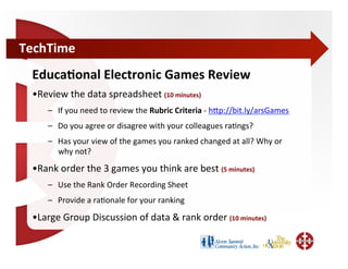 TechTime	
  
  Educa=onal	
  Electronic	
  Games	
  Review	
  
  • Review	
  the	
  data	
  spreadsheet	
  (10	
  minutes)	
  
        –  If	
  you	
  need	
  to	
  review	
  the	
  Rubric	
  Criteria	
  -­‐	
  hWp://bit.ly/arsGames	
  	
  
        –  Do	
  you	
  agree	
  or	
  disagree	
  with	
  your	
  colleagues	
  ra;ngs?	
  
        –  Has	
  your	
  view	
  of	
  the	
  games	
  you	
  ranked	
  changed	
  at	
  all?	
  Why	
  or	
  
           why	
  not?	
  
  • Rank	
  order	
  the	
  3	
  games	
  you	
  think	
  are	
  best	
  (5	
  minutes)	
  
        –  Use	
  the	
  Rank	
  Order	
  Recording	
  Sheet	
  
        –  Provide	
  a	
  ra;onale	
  for	
  your	
  ranking	
  
  • Large	
  Group	
  Discussion	
  of	
  data	
  &	
  rank	
  order	
  (10	
  minutes)	
  
 