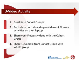 U-Video Activity


   1.  Break into Cohort Groups 
   2.  Each classroom should open videos of Flowers 
       ac+vi+es on their laptop 
   3.  Share your Flowers videos with the Cohort 
       Group 
   4.  Share 1 example from Cohort Group with 
       whole group 
 