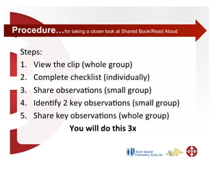 Procedure…for taking a closer look at Shared Book/Read Aloud

   Steps: 
   1.  View the clip (whole group) 
   2.  Complete checklist (individually) 
   3.  Share observa+ons (small group) 
   4.  Iden+fy 2 key observa+ons (small group) 
   5.  Share key observa+ons (whole group) 
                 You will do this 3x 
 