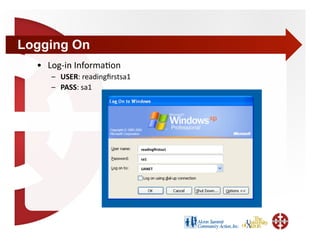 Logging On
  •  Log‐in Informa+on 
     –  USER: readingﬁrstsa1 
     –  PASS: sa1 




                                readingﬁrstsa1 

                                sa1 

                                UANET 
 