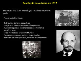 Janeiro de 1905Reivindicações do povo:Direito a greveMelhores condições de vidaFormação de uma assembléia constituinteDomingo SangrentoCriação dos sovietes:OperáriosCamponesesSoldados