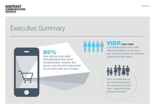 SEITE 6

Executive Summary
VIER

80%

DER BEFRAGTEN SIND
INTERESSIERT BIS SEHR
INTERESSIERT DARAN, MIT
HILFE VON AR-APPS EINKÄUFE
ZU PLANEN UND ZU TÄTIGEN.

VON FÜNF
TESTPERSONEN SIND DER
ÜBERZEUGUNG, DASS SICH
DIE TECHNOLOGIE ALLGEMEIN
DURCHSETZEN WIRD.

DAS INTERESSE AN
AR-ANWENDUNGEN
IST GESCHLECHTERUND GENERATIONSÜBERGREIFEND.

 