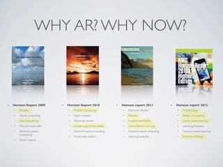 WHY AR? WHY NOW?



•   Horizon Report 2009    •   Horizon Report 2010            •   Horizon report 2011           •   Horizon report 2012
    •   Mobiles                •   Mobile Computing               •   Electronic Books              •   Mobile Apps
    •   Cloud computing        •   Open content                   •   Mobiles                       •   Tablet Computing
    •   Geo-everything         •   Electronic books               •   Augmented Reality             •   Game based learning
    •   The personal web       •   Simple augmented reality       •   Game Based Learning           •   Learning Analytics
    •   Semantic-aware         •   Gesture based computing        •   Gesture based computing       •   Gesture based learning
        computing
                               •   Visual data analysis           •   Learning analytics            •   Internet of things
    •   Smart objects
 