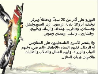 ‫على‬ ‫التوزيع‬‫من‬ ‫أكثر‬20‫ومركز‬ ‫ال‬ً ‫ومعتق‬ ‫سجنا‬
‫توقيف‬،‫السبع،وإيشل‬ ‫وبئر‬ ،‫وريمون‬ ،‫نفحة‬ :‫أبرزها‬ ‫؛‬
،‫والرملة‬ ،‫وشطة‬ ،‫وهداريم‬ ،‫وعسقالن‬،‫وجلبوع‬
،‫وهشارون‬‫وعوفر‬ ،‫ومجدو‬ ،‫والنقب‬.
‫المقاومين‬ ‫على‬ ‫الفلسطينيون‬ ‫السرى‬ ‫يقتصر‬ ‫ول‬
‫وفيهم‬ ،‫والمرضى‬ ‫والطفال‬ ‫النساء‬ ‫ففيهم‬ ،‫الرجال‬ ‫أو‬
‫والطالبات‬ ‫والطال ب‬ ‫مال‬ّ‫ا‬ ‫الع‬ ‫وفيهم‬ ،‫والوزراء‬ ‫النوا ب‬
‫المنازل‬ ‫وربات‬ ‫والمهات‬.
 