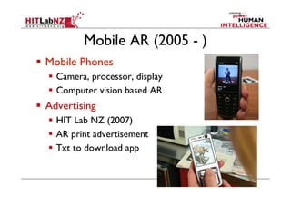 Mobile Outdoor AR (2009 - )
!  Mobile phones with GPS
!  Tag real world locations
!  GPS + Compass input
!  Overlay graphi...