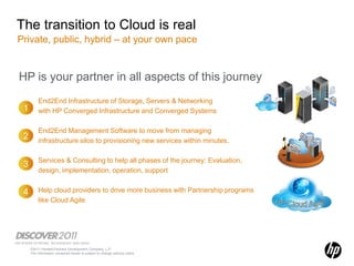 The transition to Cloud is real
Private, public, hybrid – at your own pace


HP is your partner in all aspects of this journey
 –        End2End Infrastructure of Storage, Servers & Networking
 1        with HP Converged Infrastructure and Converged Systems

 –        End2End Management Software to move from managing
 2        infrastructure silos to provisioning new services within minutes.

 –        Services & Consulting to help all phases of the journey: Evaluation,
 3
          design, implementation, operation, support

 –
 4        Help cloud providers to drive more business with Partnership programs
          like Cloud Agile




     ©2011 Hewlett-Packard Development Company, L.P.
     The information contained herein is subject to change without notice
 