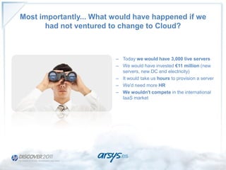 Most importantly... What would have happened if we
       had not ventured to change to Cloud?



                         – Today we would have 3,000 live servers
                         – We would have invested €11 million (new
                           servers, new DC and electricity)
                         – It would take us hours to provision a server
                         – We'd need more HR
                         – We wouldn't compete in the international
                           IaaS market
 
