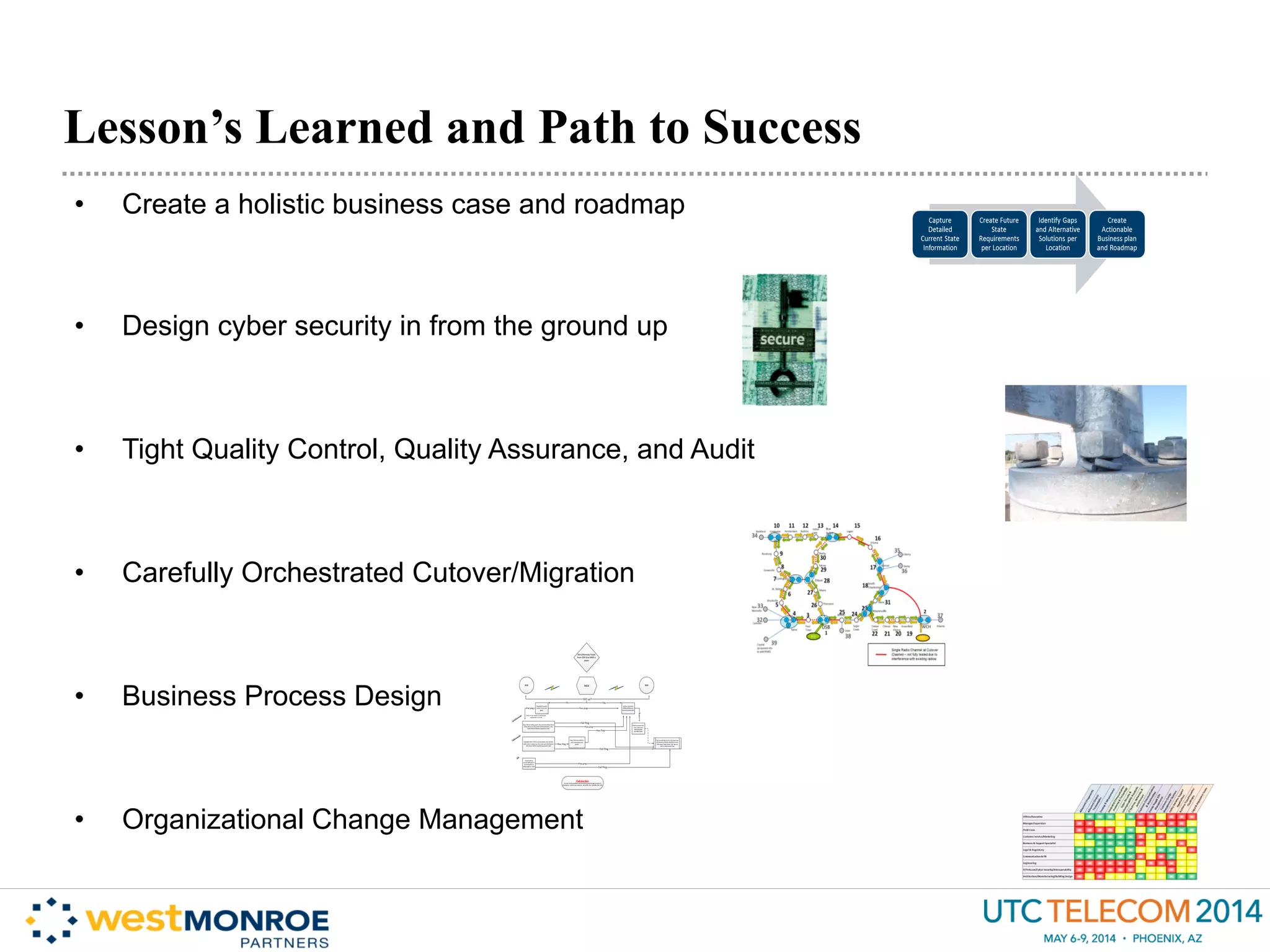 •  Create a holistic business case and roadmap
•  Design cyber security in from the ground up
•  Tight Quality Control, Quality Assurance, and Audit
•  Carefully Orchestrated Cutover/Migration
•  Business Process Design
•  Organizational Change Management
Lesson’s Learned and Path to Success
REB REBMEB
Ping	
  MEB	
  to	
  verify	
  
power	
  (From	
  ALU	
  
gear)
Verify	
  in	
  GS	
  which	
  
MEB(s)/REB(s)	
  are	
  
communicating	
  with
Ping	
  7705	
  to	
  verify	
  power	
  	
  (Can	
  be	
  done	
  within	
  SW	
  or	
  
with	
  a	
  device	
  on	
  the	
  same	
  subnet/network).	
  	
  Also	
  
check	
  SW	
  for	
  downed	
  equipment	
  alert
Ping	
  6855	
  from	
  7705	
  to	
  verify	
  power.	
  (Can	
  be	
  done	
  
within	
  SW	
  or	
  a	
  device	
  on	
  the	
  same	
  subnet/network).	
  	
  	
  
Also	
  check	
  SW	
  for	
  downed	
  equipment	
  alert
Ping	
  7705	
  from	
  6855	
  to	
  
test	
  connectivity	
  and	
  
power	
  
Check	
  SAM	
  to	
  
ensure	
  MEB	
  port	
  is	
  
up	
  and	
  active	
  on	
  
either	
  6855	
  or	
  7705
Check	
  success	
  rates	
  
in	
  G.S	
  than	
  PI	
  to	
  
identify	
  other	
  
possible	
  issues
Still	
  up?
No
Refer	
  to	
  site	
  master	
  to	
  verify	
  what	
  
equipment	
  is	
  on	
  site
If	
  a
	
  7705
	
  is	
  o
n-­‐s
ite
If	
  6
855
	
  is	
  o
n-­‐s
ite
ME
B
Fail	
  ping
Then
Pass	
  ping
Pass	
  Ping
If	
  all	
  else	
  fails:
On-­‐site	
  visit	
  by	
  qualified	
  and	
  identified	
  group	
  through	
  process	
  of	
  
elimination.	
  	
  Worst	
  case	
  scenario.	
  	
  (SSN,	
  BIG,	
  ALU,	
  Standby,	
  MJ,	
  CED)
Pass	
  ping
Pass	
  ping
Alert/Remedy	
  Ticket	
  
from	
  SSN	
  that	
  MEB	
  is	
  
down
Find	
  out	
  alerting	
  tool	
  for	
  AC	
  power	
  loss,	
  
DC	
  backup	
  activated,	
  Backhaul	
  issues.	
  	
  
That	
  way	
  if	
  other	
  steps	
  “fail”	
  we	
  can	
  
start	
  a	
  new	
  process	
  flow
Pass	
  Ping
Fail	
  Ping
Fail	
  Ping
Fail	
  Ping
Yes
 
