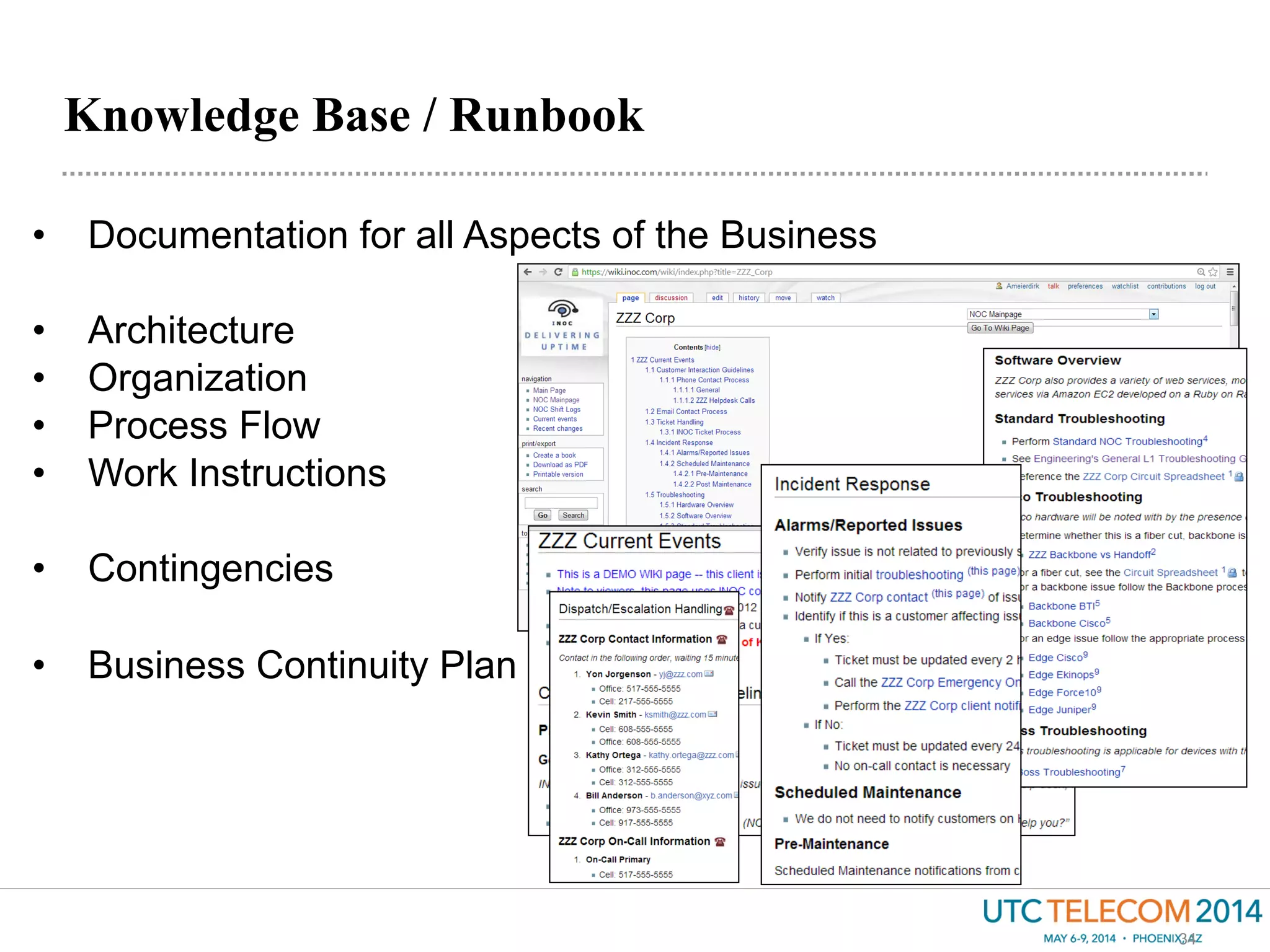 Knowledge Base / Runbook
34
•  Documentation for all Aspects of the Business
•  Architecture
•  Organization
•  Process Flow
•  Work Instructions
•  Contingencies
•  Business Continuity Plan
 