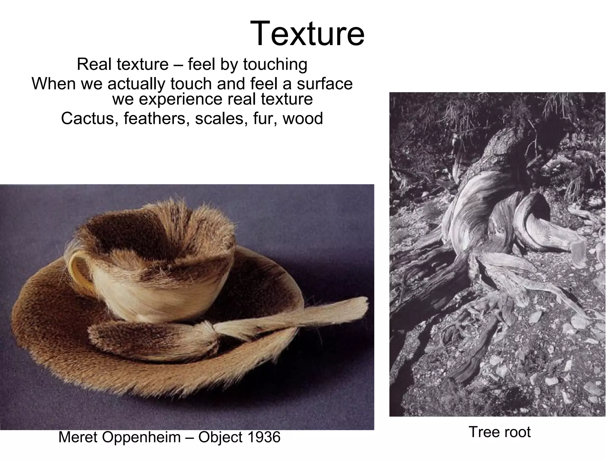 Texture Real texture – feel by touching When we actually touch and feel a surface we experience real texture Cactus, feathers, scales, fur, wood Meret Oppenheim – Object 1936  Tree root 