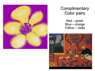 Complimentary Color pairs Red – green Blue – orange Yellow – violet 
