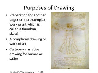 Purposes of Drawing Preparation for another larger or more complex work or art which is called a thumbnail sketch A completed drawing or work of art Cartoon – narrative drawing for humor or satire da Vinci’s Vitruvian Man c. 1490 