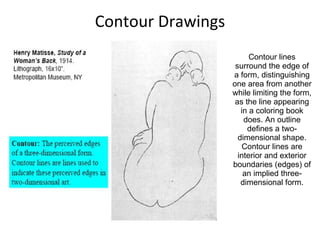 Contour Drawings Contour lines surround the edge of a form, distinguishing one area from another while limiting the form, as the line appearing in a coloring book does. An outline defines a two-dimensional shape. Contour lines are interior and exterior boundaries (edges) of an implied three-dimensional form. 