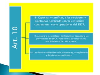 Art. 10 
16. Capacitar y certificar, a los servidores y 
empleados nombrados por las entidades 
contratantes, como operadores del SNCP; 
17. Asesorar a las entidades contratantes y capacitar a los 
proveedores del SNCP sobre normas que regulan los 
procedimientos de c del sistema; 
18. Las demás establecidas en la presente ley, su reglamento 
y demás normas aplicables. 
 