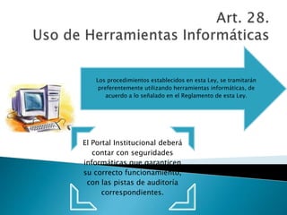 Los procedimientos establecidos en esta Ley, se tramitarán 
preferentemente utilizando herramientas informáticas, de 
acuerdo a lo señalado en el Reglamento de esta Ley. 
El Portal Institucional deberá 
contar con seguridades 
informáticas que garanticen 
su correcto funcionamiento, 
con las pistas de auditoría 
correspondientes. 
 