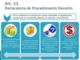 • Por no celebrarse el contrato por causas imputables al adjudicatario, 
siempre que no sea posible adjudicar el contrato a otro oferente 
Una vez declarado desierto 
el procedimiento, la 
máxima autoridad o su 
delegado, podrá disponer 
su archivo o su reapertura. 
. 
La declaratoria definitiva 
de desierto cancelará el 
proceso de contratación y 
por consiguiente se 
archivará el expediente. 
Podrá declararse el 
procedimiento desierto 
parcial, cuando se hubiere 
convocado a un proceso 
de contratación con la 
posibilidad de 
adjudicaciones parciales o 
por ítems 
La declaratoria de 
desierto o cancelación no 
dará lugar a ningún tipo 
de reparación o 
indemnización a los 
oferentes. 
 