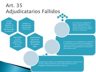 Con la declaratoria de adjudicatario 
fallido, la máxima autoridad o su 
delegado, adjudicará el contrato al 
siguiente oferente según un orden de 
prelación, de convenir a los intereses 
nacionales o institucionales. 
Si el adjudicatario o los adjudicatarios no celebraren 
el contrato por causas que les sean imputables, la 
máxima autoridad de la entidad, declarará fallido al 
adjudicatario o a los adjudicatarios y notificará de 
esta condición al SER 
El adjudicatario fallido será inhabilitado del RUP por el plazo de tres 
(3) años, tiempo durante el cual no podrá contratar con las 
Entidades Contratantes previstas en esta Ley. 
prelación, el 
procedimiento 
será declarado 
desierto por 
Si no es 
posible 
adjudicar el 
contrato al 
oferente según 
el orden de 
oferta fallida; 
en dicha 
declaratoria 
deberá constar 
de forma 
motivada los 
justificativos 
para la no 
adjudicación 
al segundo 
lugar. 
 