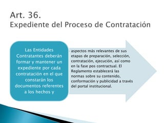 • aspectos más relevantes de sus 
etapas de preparación, selección, 
contratación, ejecución, así como 
en la fase pos contractual. El 
Reglamento establecerá las 
normas sobre su contenido, 
conformación y publicidad a través 
del portal institucional. 
Las Entidades 
Contratantes deberán 
formar y mantener un 
expediente por cada 
contratación en el que 
constarán los 
documentos referentes 
a los hechos y 
 