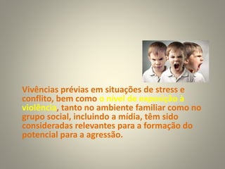Vivências prévias em situações de stress e
conflito, bem como o nível de exposição à
violência, tanto no ambiente familiar como no
grupo social, incluindo a mídia, têm sido
consideradas relevantes para a formação do
potencial para a agressão.
 