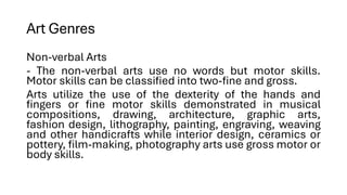 Art Genres
Non-verbal Arts
- The non-verbal arts use no words but motor skills.
Motor skills can be classified into two-fine and gross.
Arts utilize the use of the dexterity of the hands and
fingers or fine motor skills demonstrated in musical
compositions, drawing, architecture, graphic arts,
fashion design, lithography, painting, engraving, weaving
and other handicrafts while interior design, ceramics or
pottery, film-making, photography arts use gross motor or
body skills.
 
