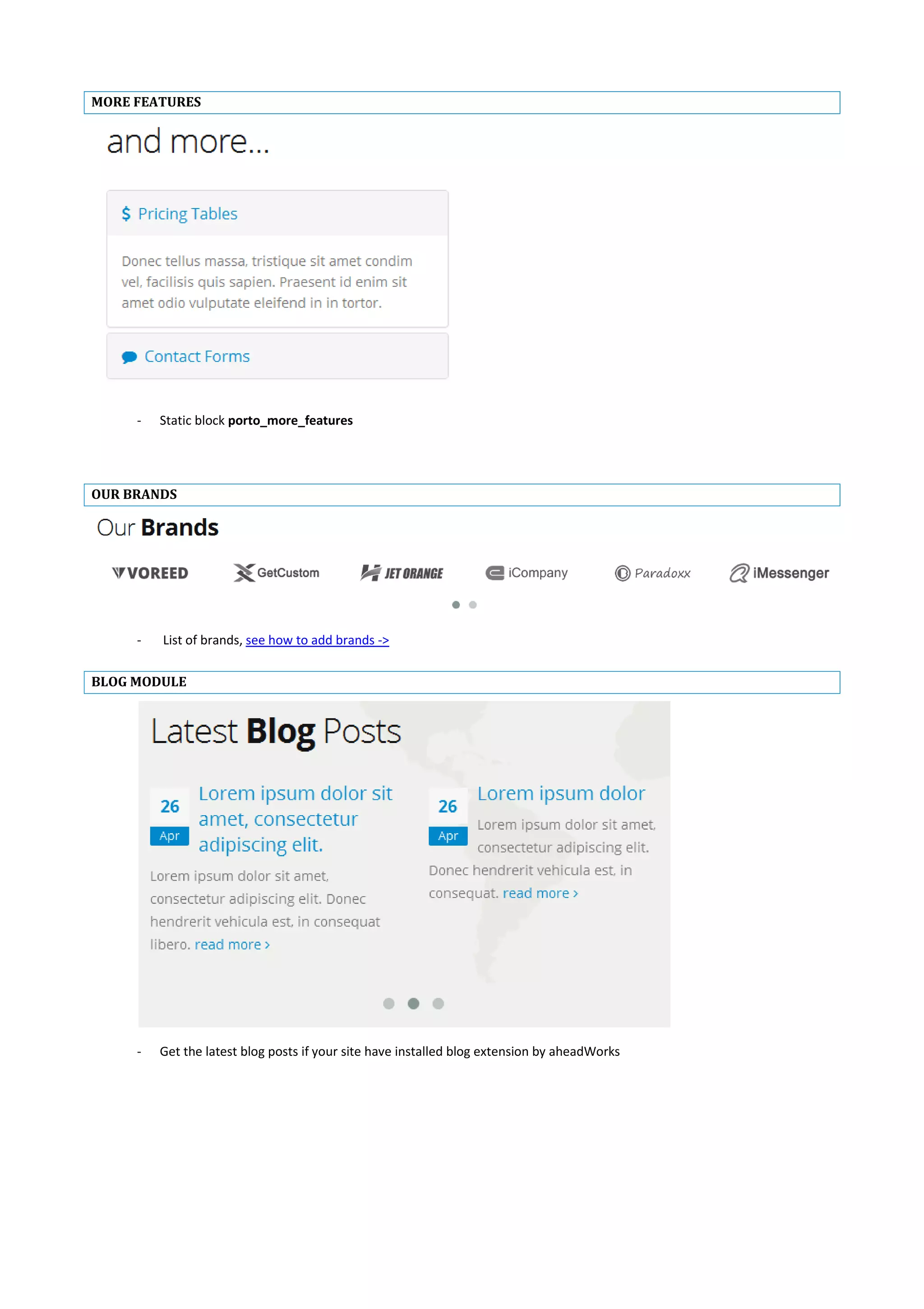 MORE FEATURES
- Static block porto_more_features
OUR BRANDS
- List of brands, see how to add brands ->
BLOG MODULE
- Get the latest blog posts if your site have installed blog extension by aheadWorks
 