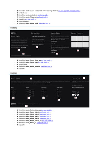 - 1: Newsletter block, you can use translate inline to change the text, see how to enable translate inline ->
- 2: Twitter feeds
- 3: Static block porto_contact_us, see how to edit ->
- 4: Static block porto_follow_us, see how to edit ->
- 5: Copyright, see how to edit ->
- 6: Footer links block
- 7: Static block porto_footer_ribon, see how to edit ->
VERSION 2
- 1: Static block porto_footer_about_us, see how to edit ->
- 2: Static block porto_footer_links, see how to edit ->
- 3: Twitter feeds
- 4: Static block porto_footer_products, see how to edit ->
- 5: Copyright
VERSION 3
- 1: Static block porto_footer_about_us, see how to edit ->
- 2: Static block porto_footer_links_1, see how to edit ->
- 3: Static block porto_footer_links_2, see how to edit ->
- 4: Static block porto_footer_links_3, see how to edit ->
- 5: Static block porto_footer_links_4, see how to edit ->
- 6: Static block porto_footer_contact_us, see how to edit ->
- 7: Static block porto_follow_us, see how to edit ->
- 8: Copyright
 