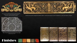 Finishes
Door surround, designed by Raymond Hood and Stanley
Gordon Jeeves, made by Birmingham Guild of
Handicraft, 1928, Birmingham, England (Detail) Frieze panel, designed by Walter Gilbert, made by Bromsgrove Guild of Applied Art, 1933, Birmingham, England
Wall Panels, Chanin Building, NYC
Style Art Deco. Details des ferronneries de La Poste. Architecte :
Rene F. Delannoy. Rue de Lyon. Saint Quentin, Aisne, region
Hauts de France, 2019
 