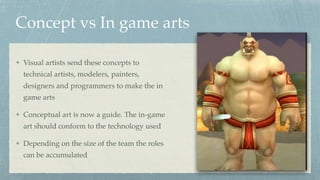 Concept vs In game arts
Visual artists send these concepts to
technical artists, modelers, painters,
designers and programmers to make the in
game arts
Conceptual art is now a guide. The in-game
art should conform to the technology used
Depending on the size of the team the roles
can be accumulated
 