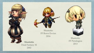Shantotto  
Final Fantasy XI
2002
Shantotto  
FF Pictologica
2013
Shantotto  
FF Brave Exvius
2016
 