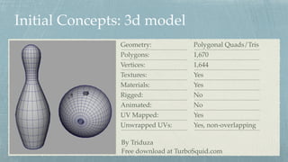 Initial Concepts: 3d model
Geometry:
Polygons:
Vertices:
Textures:
Materials:
Rigged:
Animated:
UV Mapped:
Unwrapped UVs:
Polygonal Quads/Tris
1,670
1,644
Yes
Yes
No
No
Yes
Yes, non-overlapping
By Triduza 
Free download at TurboSquid.com
 