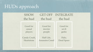 HUDs approach
SHOW
the hud
GET OFF
the hud
INTEGRATE
the hud
Good for 
movies 
people
Good for 
casual 
players
Good for 
sci-ﬁ 
geeks
Half Life, 
Assassins Creed
Candy Crush, 
Heartstone
Halo, 
Dead Space
 