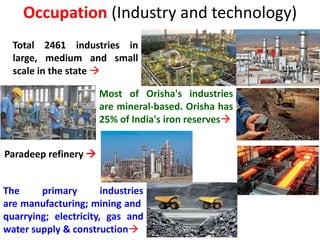 Occupation (Industry and technology)
The primary industries
are manufacturing; mining and
quarrying; electricity, gas and
water supply & construction
Most of Orisha's industries
are mineral-based. Orisha has
25% of India's iron reserves
Total 2461 industries in
large, medium and small
scale in the state 
Paradeep refinery 
 