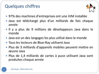Quelques chiffres
Animé par : Mme Ouaz Ines3
 97% des machines d'entreprises ont une JVM installée
 Java est téléchargé plus d'un milliards de fois chaque
année
 Il y a plus de 9 millions de développeurs Java dans le
monde
 Java est un des langages les plus utilisé dans le monde
 Tous les lecteurs de Blue-Ray utilisent Java
 Plus de 3 milliards d'appareils mobiles peuvent mettre en
œuvre Java
 Plus de 1,4 milliards de cartes à puce utilisant Java sont
produites chaque année
 