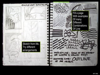 ART ONE Sketch from life, Try different arrangements Fill a page With examples Of many  Different  Combinations  Of Line 
