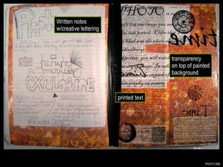 PHOTO ONE Written notes w/creative lettering printed text transparency on top of painted background 