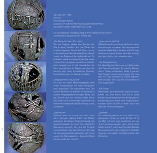 „Um die Zeit“ 1996
      ø 50 cm
      Bronzekugel-Original
      gegossen im italienischen Wachsausschmelzverfahren
      von Gießermeister Walter Rom aus Kundl

      Die künstlerische Gestaltung zeigt in ihren allegorischen Figuren
      verschiedene Gedanken zum Thema Zeit.

      „Die Sanduhr“ oder „Ein Leben“                   „Ungeduld um die Zeit“
      Die vier Figuren stellen eine Familie dar.       Wie ein Ungestümer drängt ein Kobold einen
      Wie in einer Sanduhr wird die Dauer des          Minutenzeiger und einen Stundenzeiger aus-
      L
      ­ ebens angezeigt. Durch eine Einschnürung       einander. Diese Figur verweist auf die Unge-
      in der Sanduhr endet das körperliche, irdische   duld von so manch einem, dem alles zu lang-
      L
      ­ eben, ein Fragment der Endlichkeit, ein To-    sam geht, der es nicht erwarten kann.
      tenbildnis, zeugt von diesem Ende. Der ­ weite
                                              z
      Teil des Sanduhrglases mündet ins sinnbild-      „Der Stundenfischer“
      liche Jenseits und in das Unendliche; der        Ein Mann legt sein Netz aus, um die Stunden
      Sand wandelt sich zu Wasser, aus dem der         des Tages einzufangen. So manche Stunde,
      Mensch und mein symbolischer Stunden-            durch Zahlen symbolisiert, bleibt in seinem
      fischer Hoffnung und Glaube schöpfen.            Netz hängen, manch eine entgeht ihm. Das
                                                       Bild wird zum Sinnbild für unsere täglichen
      „Vergangenheit und Zukunft“                      Bemühungen, den Tag und die Stunden für
      Ein Stier mit einem Menschengesicht steht        sich zu gewinnen.
      e
      ­ inem Frauenkörper mit einem Schwanen-
      kopf gegenüber. Sie beobachten sich. Sie         „Der Schlaf“
      können einander nur erahnen, so wie vieles in    Neben dem Stundenfischer liegt eine schla-
      unserer Vergangenheit verborgen bleibt und       fende Frau. Ihre Beine sind wie zu einer
      die Zukunft sich nur vermuten lässt. Dane-       F
                                                       ­ losse zusammengewachsen. Ihre physische
      ben finden sich ornamentale Fragmente von        Fortbewegung ist damit zwar eingeschränkt,
      Sternenkonstellationen als Einbindung in das     trotzdem kann sie sich in dieser Zeit in die
      Universum.                                       Welt des Traumes begeben.

      „Das Pendel“                                     „Das Maß“
      Gehalten wird das Pendel von einer Figur,        Ein Rückenakt spannt sich mit seinen hoch
      die in strenger Haltung Macht und Gesetz         gestreckten Armen zu einer Einheit. Es ist
      verkörpert. An diesem Pendel schaukelt eine      ein Maß, mit dem man vergleichen und da-
      Menschengestalt, die durch ihre willentliche     durch gemessen werden kann. „Mene mene
      Bewegung versucht, den Lauf des Pendels          tekel u-pharsin“, nach des Propheten Daniels
158




      zu beeinflussen. Sie wird damit zum Sinnbild     Deutung aus dem alten Testament: „Gezählt,
      der Vermessenheit des Menschen, der immer        gewogen und zerteilt“ wird das Ansehen des
      wieder die Naturgesetze zu beeinträchtigen       Menschen.
      oder zu verändern versucht.
 