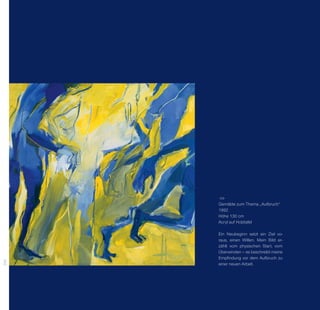 Gemälde zum Thema „Aufbruch“
      1992
      Höhe 130 cm
      Acryl auf Holztafel

      Ein Neubeginn setzt ein Ziel vo-
      raus, einen Willen. Mein Bild er-
      zählt vom physischen Start, vom
      Überwinden – es beschreibt meine
      Empfindung vor dem Aufbruch zu
254




      einer neuen Arbeit.
 