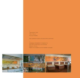 „Geschichte“ 2004
      150 x 120 cm
      Acryl auf Holztafel

      Zwei Zeitebenen stehen wie geschichtet voreinander.



      dreiteiliges Holztafelbild im Entstehen für
      das Hotel „Fürstenhaus“ am Achensee
      Breite ca. 750 cm
      Malerei mit Acrylfarbe auf drei Holztafeln versiegelt
296
 