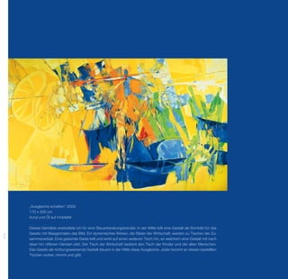 „Ausgleiche schaffen“ 2000
      170 x 200 cm
      Acryl und Öl auf Holztafel

      Dieses Gemälde erarbeitete ich für eine Steuerberatungskanzlei. In der Mitte teilt eine Gestalt als Sinnbild für das
      Gesetz mit Waagschalen das Bild. Ein dynamisches Wirken, die Räder der Wirtschaft, werden zu Tischen der Zu-
316




      sammenarbeit. Eine gebende Geste teilt und wirkt auf einen weiteren Tisch hin, an welchem eine Gestalt mit nach
      oben hin offenen Händen sitzt. Der Tisch der Wirtschaft bedient den Tisch der Kinder und der alten Menschen.
      Das Gesetz als richtungsweisende Gestalt steuert in der Mitte diese Ausgleiche. Jeder kommt an diesen bestellten
      Tischen vorbei, nimmt und gibt.
 