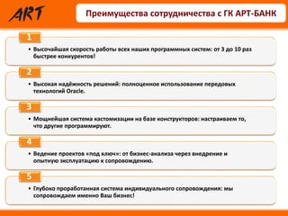 Преимущества сотрудничества с ГК АРТ-БАНК
• Высочайшая скорость работы всех наших программных систем: от 3 до 10 раз
быстрее конкурентов!
1
• Высокая надёжность решений: полноценное использование передовых
технологий Oracle.
2
• Мощнейшая система кастомизации на базе конструкторов: настраиваем то,
что другие программируют.
3
• Ведение проектов «под ключ»: от бизнес-анализа через внедрение и
опытную эксплуатацию к сопровождению.
4
• Глубоко проработанная система индивидуального сопровождения: мы
сопровождаем именно Ваш бизнес!
5
 