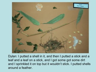 Dylan: I putted a shell in it, and then I putted a stick and a leaf and a leaf on a stick, and I got some got some dirt and I sprinkled it on top but it wouldn’t stick. I putted shells around a feather. 