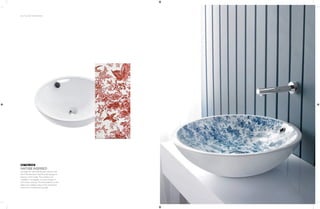 44 | THE ART OF BATHING
NATURE INSPIRED
Simulate the natural landscape indoors, with
the F-Florette basin that illustrates gorgeous
blooms on the inside. The creations are
available in rectangular or round shapes in
red or blue variants. The floral patterns on the
basins are created using a mesh and stencil,
where ink is transferred manually.
GET THE LOOK
 